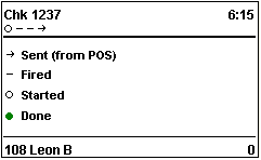 This figure shows an example of status indicators that are used with item timings. These icon indicators are a right-facing arrow to show Sent, a dash to show Fired, a circle with no fill color to show Started, and a circle with green fill color to show Done.