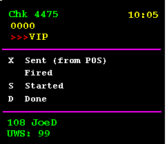 This figure shows an example of status indicators that are used on SEI KDS stations. These indicators are an X to show Sent, an S to show Started, and a D to show Done. The Fired status does not have an indicator.