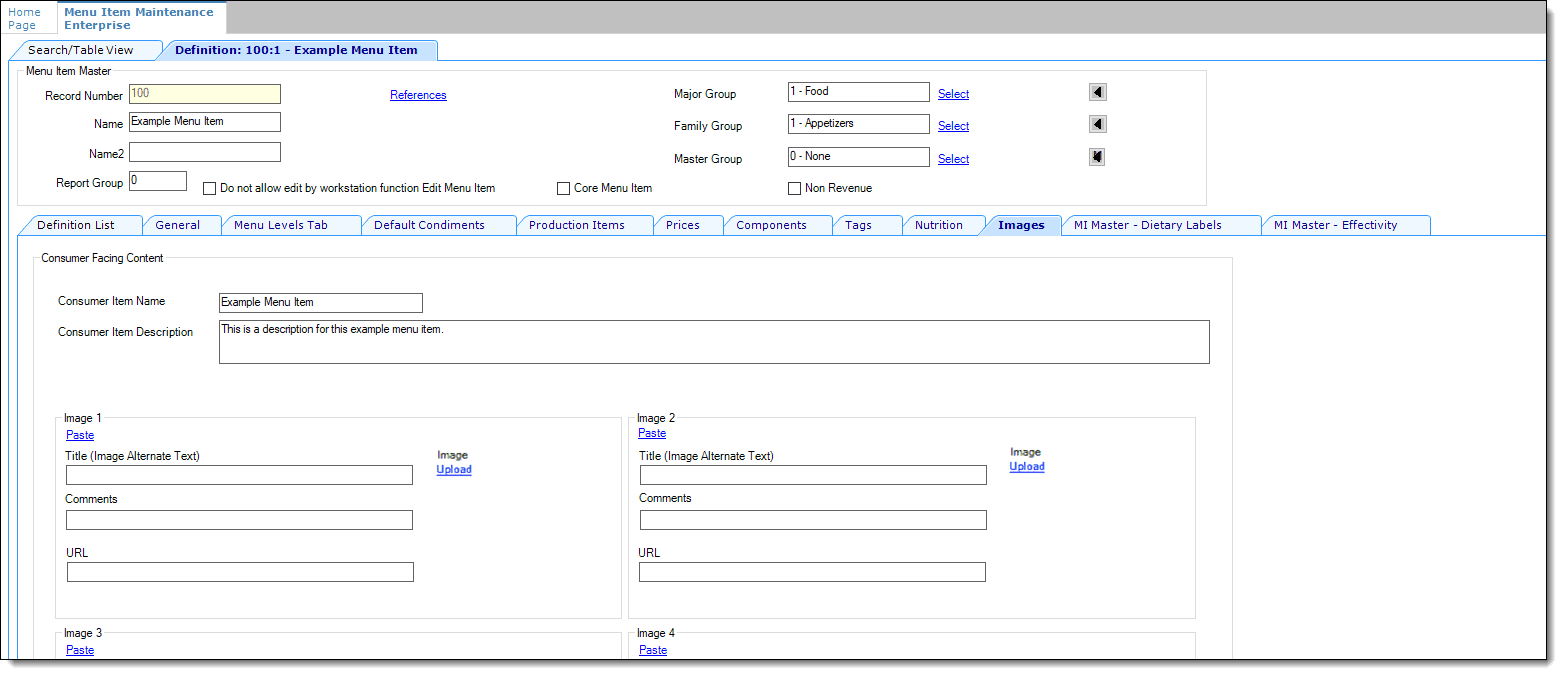 Menu Item Maintenance Images tab showing consumer-facing content fields and image upload sections.