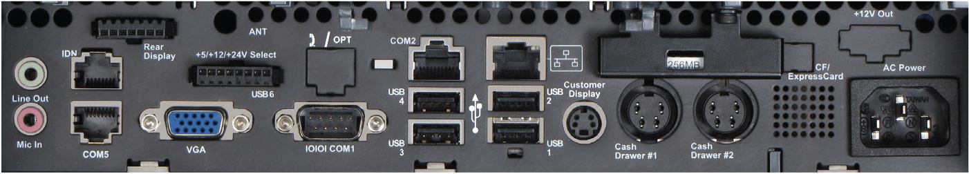 This figure shows the primary I/O panel of the Oracle MICROS Workstation 5A with a single 10/100/1000 Ethernet port.