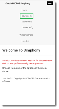 This figure shows the Welcome to Simphony page with the Downloads link indicated after the page is expanded.