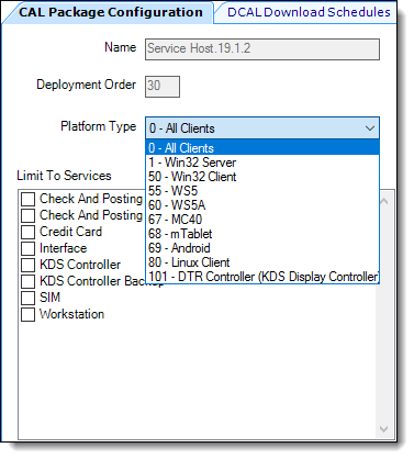 This figure shows the CAL Package Configuration tab and the available platform types as shown from the drop-down list.
