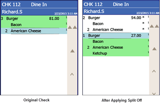 This figure shows an example of a check before and after splitting an item. This figure shows an example of a check before and after splitting an item.