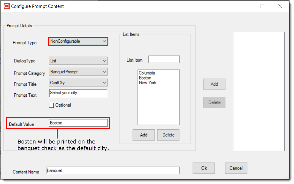 This figure shows the non-configurable prompt details window and some example configuration settings. This figure shows the non-configurable prompt details window and some example configuration settings.
