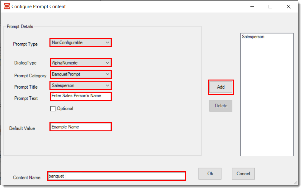 This figure shows the non-configurable prompt details window and some example configuration settings. This figure shows the non-configurable prompt details window and some example configuration settings.