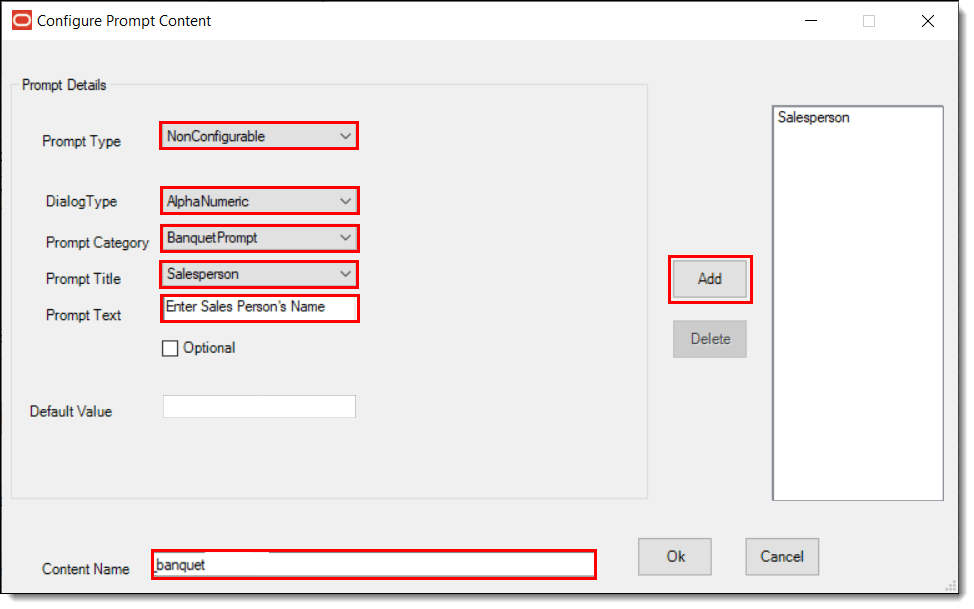 This figure shows the non-configurable prompt details window, specifically with a blank Default Value setting. This figure shows the non-configurable prompt details window, specifically with a blank Default Value setting.