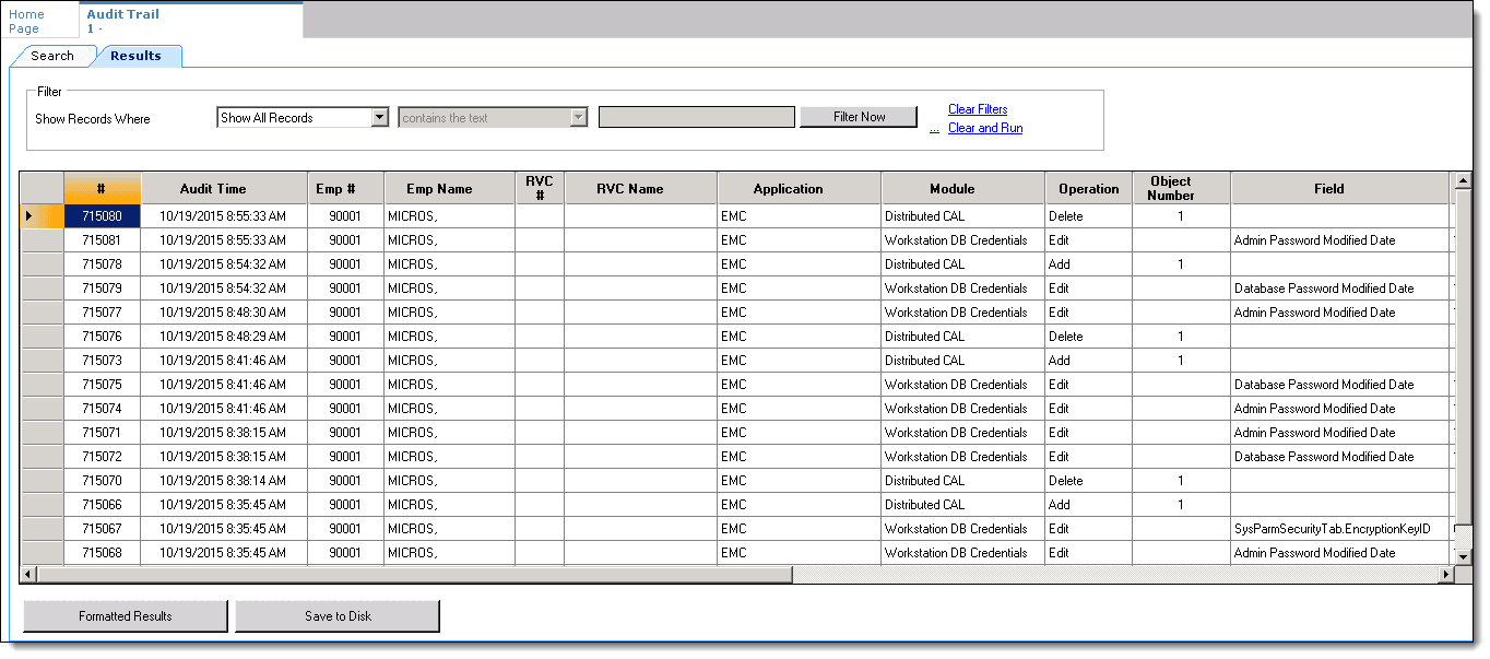 This figure shows the results of an Audit Trail search.