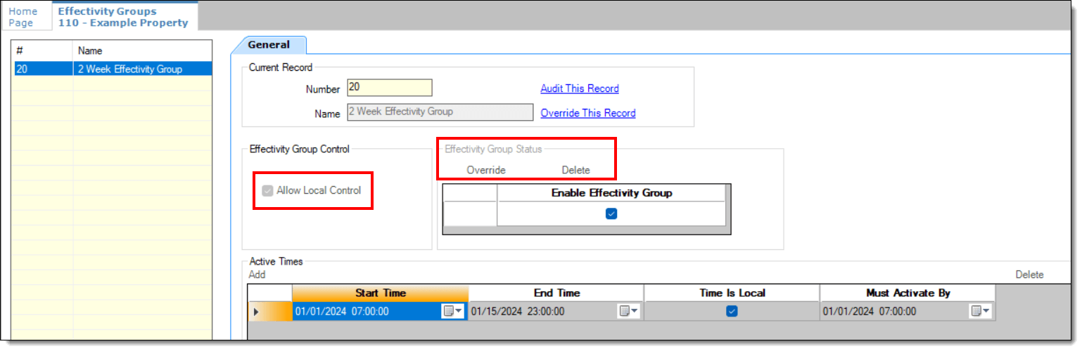 This figure shows the Effectivity Groups module and the grayed out fields which have restricted access as configured from the Roles module via the Fields tab.