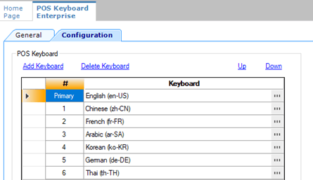 This figure shows the POS Keyboard module in form view, with the Configuration tab selected.