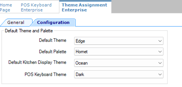 This figure shows the Theme Assignment module in form view, with the Configuration tab selected.