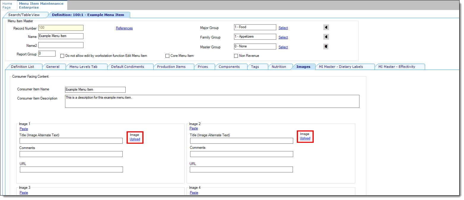 This figure shows the Menu Item Definition Images subtab with the active Upload link highlighted.