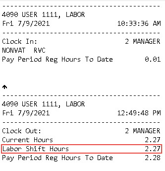 This figure shows a printed time card chit with the Labor Shift Hours indicated with a red rectangle. This figure shows a printed time card chit with the Labor Shift Hours indicated with a red rectangle.