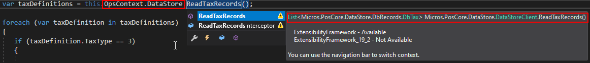 This figure shows the Deprecated use of Simphony Extensibility internal DataStoreClient.