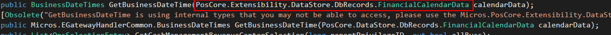 This figure shows the GetBusinessDateTime() method in Simphony 19.2 indicated by a red outline.