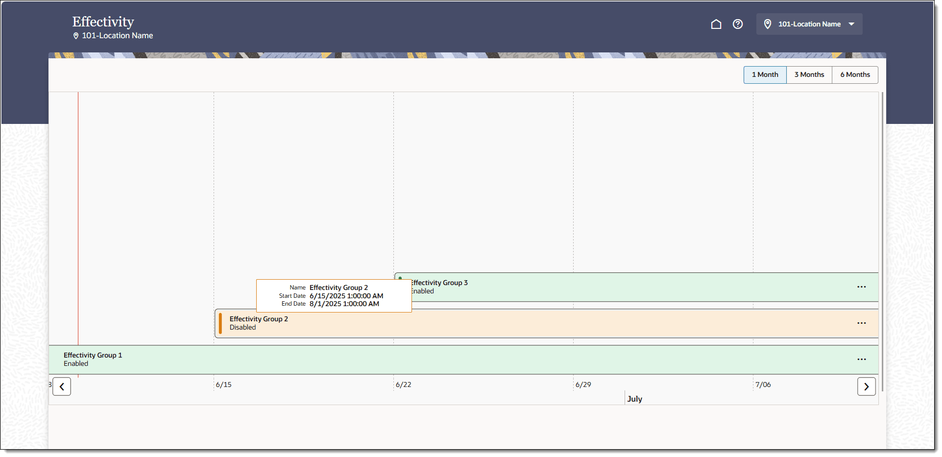 This figure shows the Effectivity timeline with start and end dates for each effectivity group, and the automatically enable date (if set).