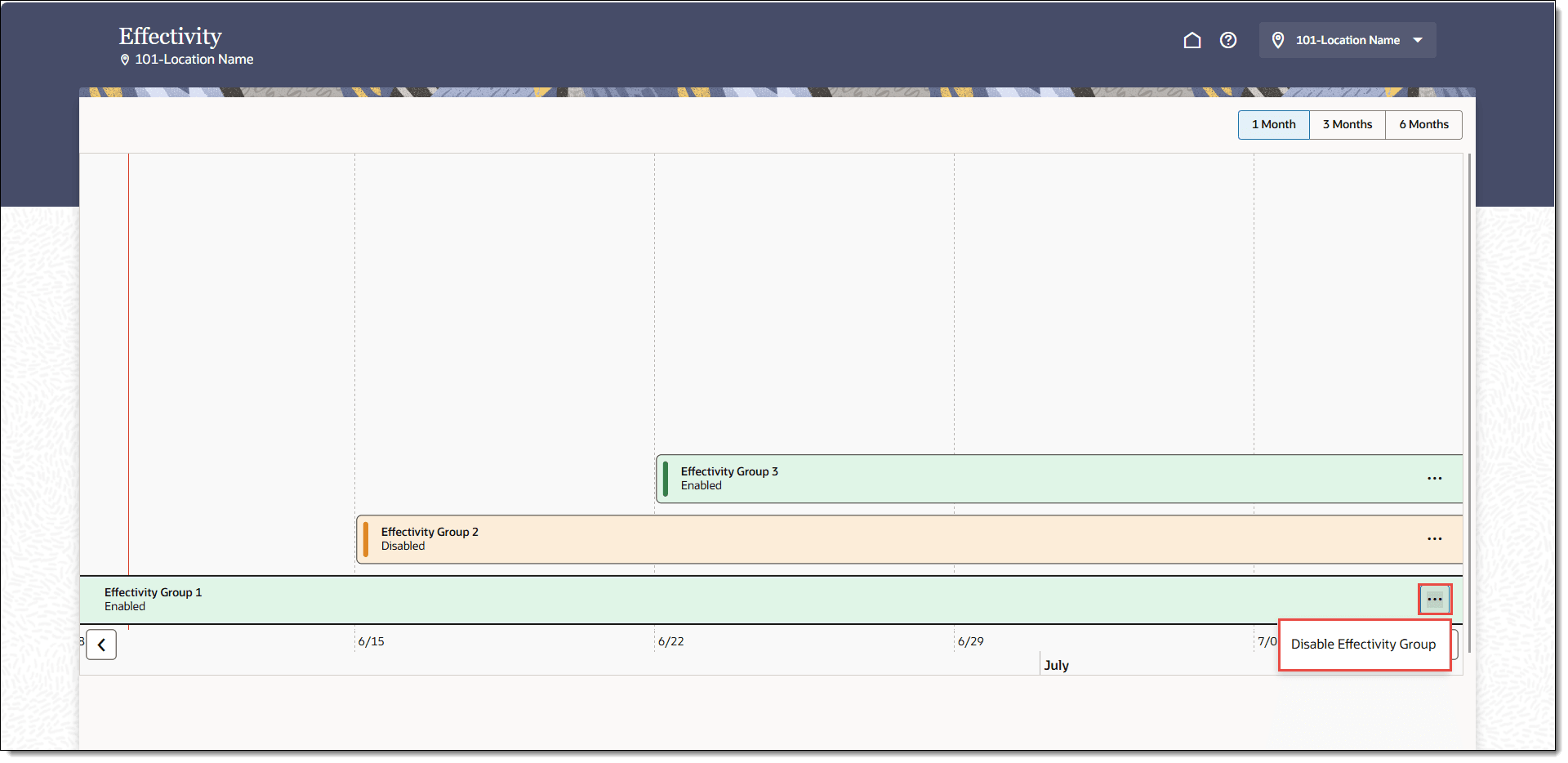 This figure shows the Effectivity timeline with the ellipsis point (...) button and Disable Effectivity Group indicated in a red outline.