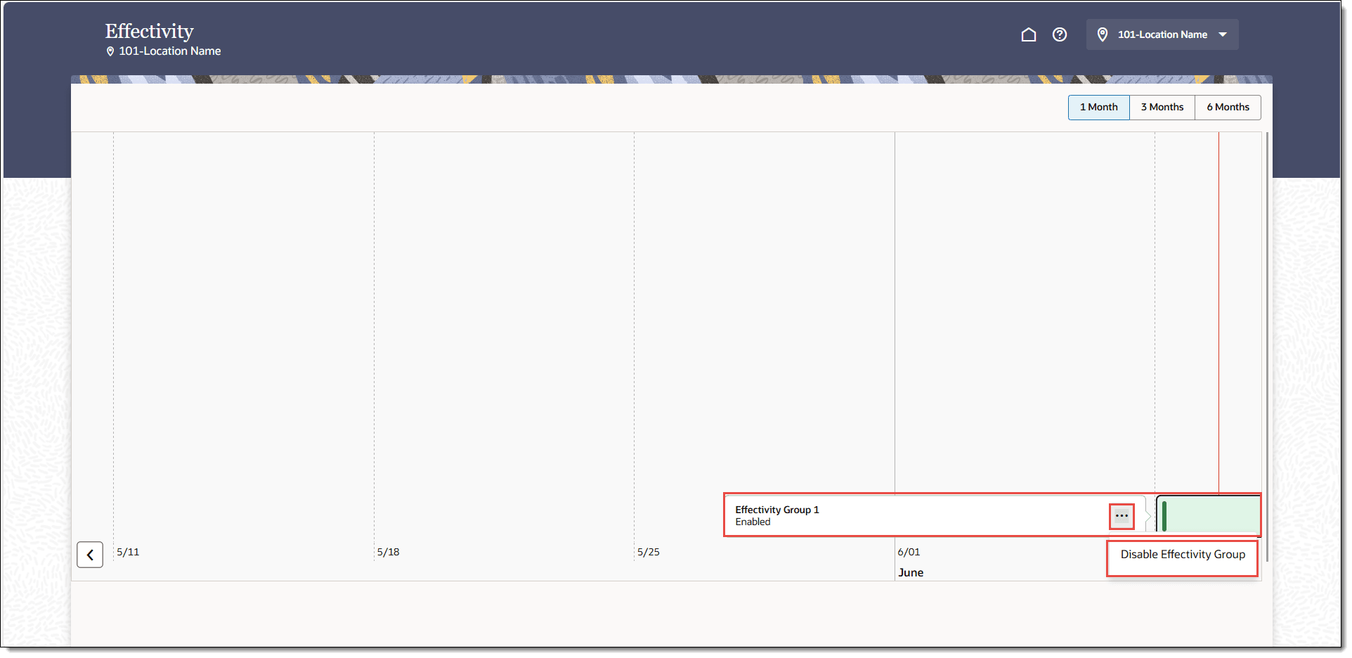 This figure shows the Effectivity timeline extending outside of the active view, with the ellipsis point (...) button and Disable Effectivity Group.