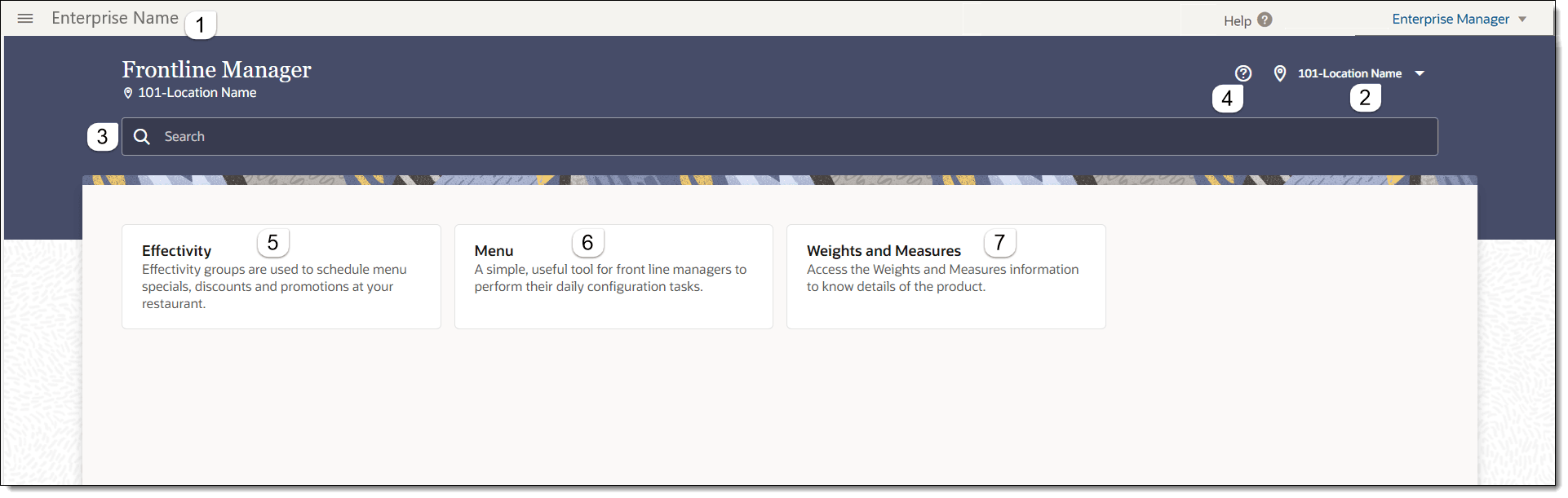 This figure shows the Frontline Manager home page and the location of navigational fields and links.