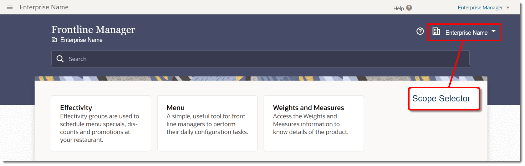 This figure shows the FLM home page with the Scope Selector highlighted.