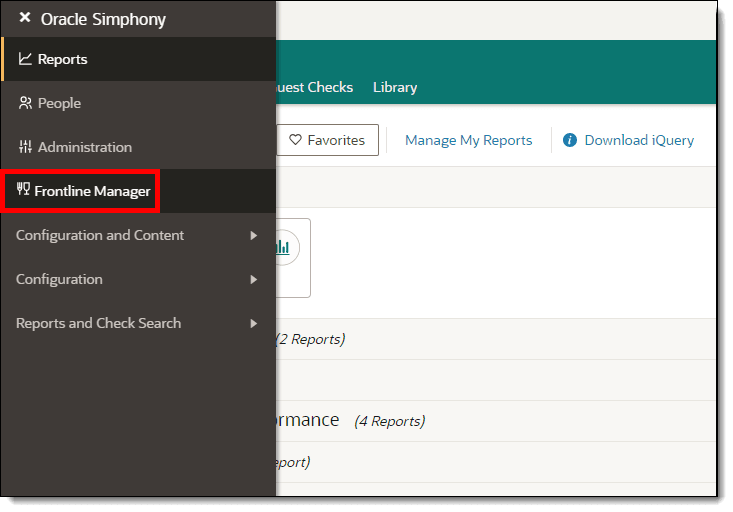 This figure shows the Side Menu access to Frontline Manager.