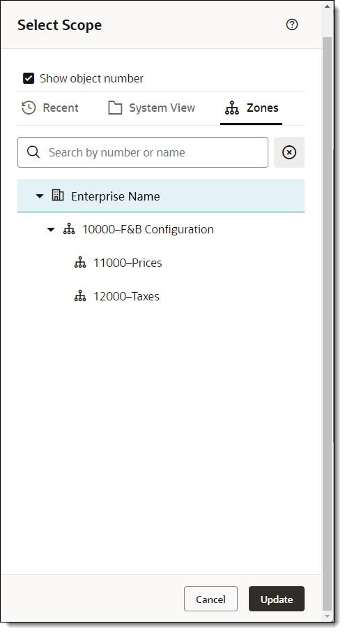 This figure shows the Scope Selector with the Zones view with the Show object name checkbox enabled.