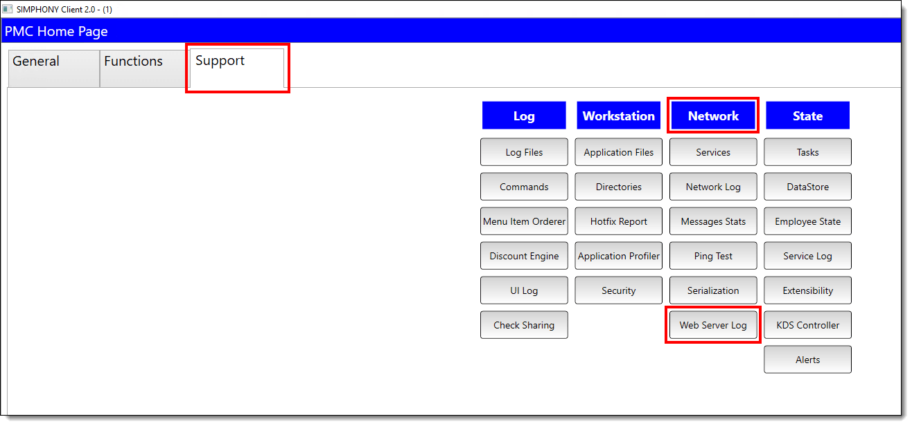 This figure shows the launched PMC’s network Web Server Log button.