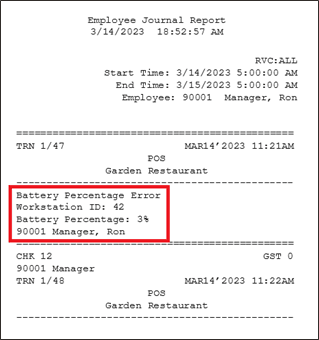 This figure shows the Battery Percentage Error that is written to the Employee Journal Report when the operator selects OK.