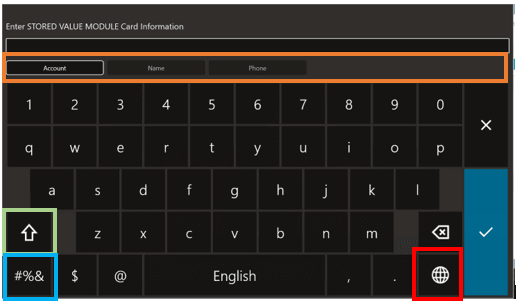 This figure shows the POS Keyboard Dark theme, English with Globe button framed in red, Shift (Arrow) button framed in green, special characters (#%&} button in blue, and custom search by options in orange.
