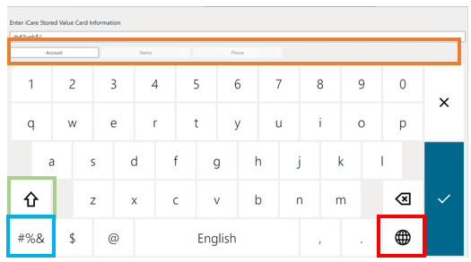 This figure shows the POS Keyboard Light theme, English with Globe button framed in red, Shift (Arrow) button framed in green, special characters (#%&} button in blue, and custom search by options in orange.