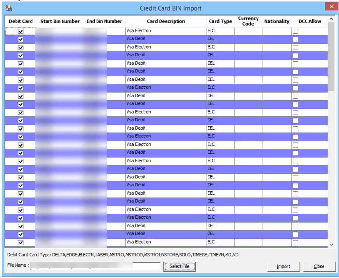 This figure shows the Credit Card BIN Import Screen