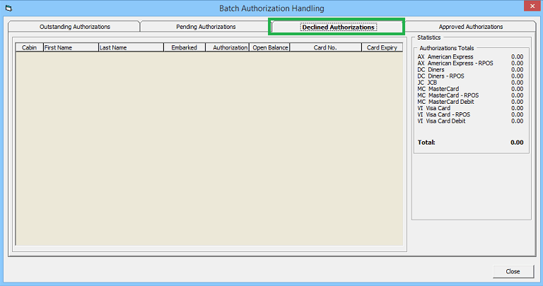 This figure shows the Management, Batch Authorization — Declined Authorization Tab This figure shows the Management, Batch Authorization — Declined Authorization Tab