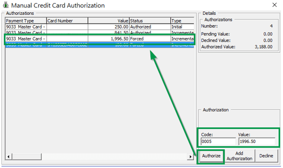This figure shows the Manual Authorization Screen, Forced Status This figure shows the Manual Authorization Screen, Forced Status