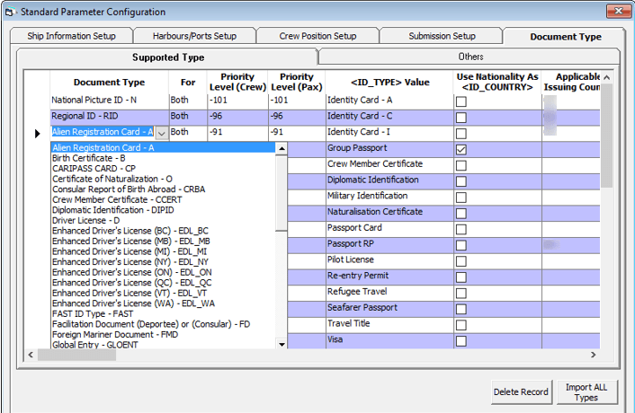 This figure shows the Document Type window in Standard Parameter Configuration Window.