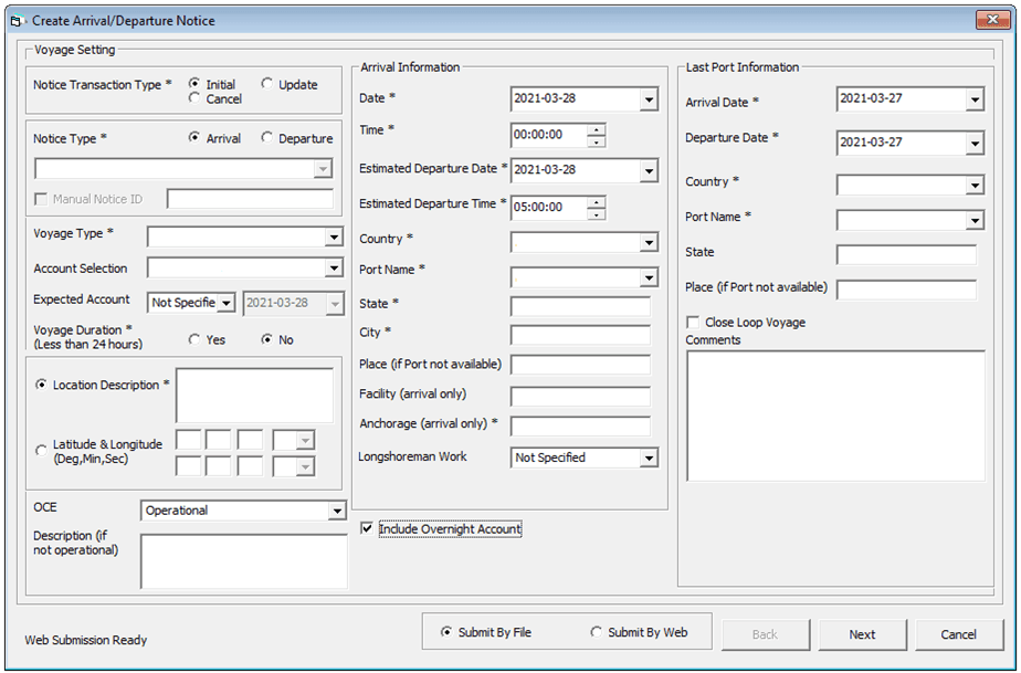 This figure shows the Create Arrival/Departure Notice window.