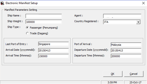 This figure shows the electronic manifest setup window for Malaysia Immigration module.