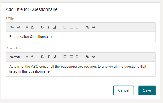 This figure shows the Add Title for Questionnaire section This figure shows the Add Title for Questionnaire section