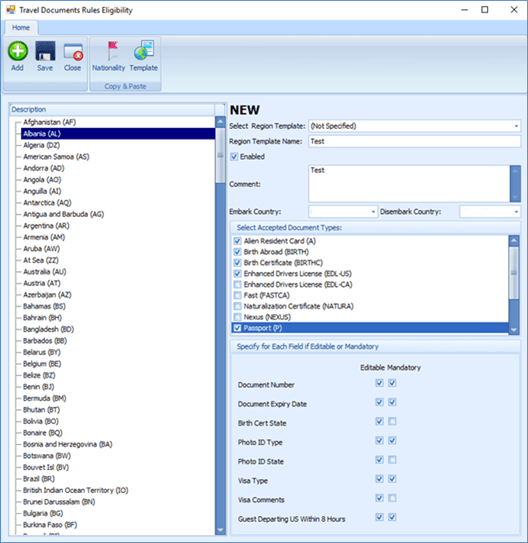 This figure shows the set up window for CIW Travel Documents Eligibility.