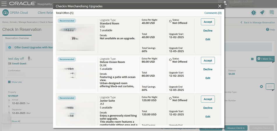 The Checkin Merchandising Upgrades screen showing upgrade offers. The Checkin Merchandising Upgrades screen showing upgrade offers.