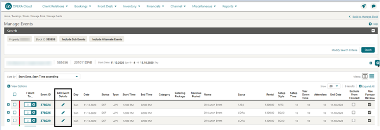 This image shows the Manage Events screen details This image shows the Manage Events screen details