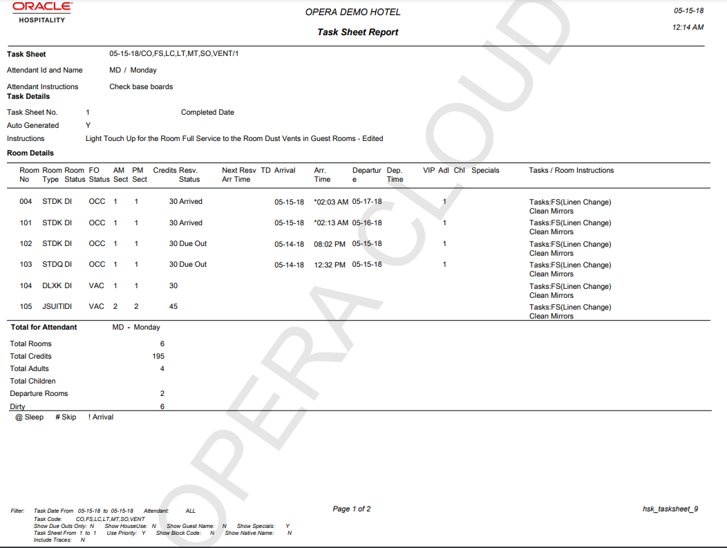This report image shows Type 9 task sheet with the following information: Room No., Room Type, Room Status, FO Status, Section AM, Section PM, Credits, Reservation Status, Next Reservation Arrival Time, Turndown, Title, Guest Name, Arrival Date, Arrival Tim, Departure Date, Departure Time, VIP, # of Adults, # of Children Specials, Tasks/Room Instructions, Totals, Block Code, Traces. This report image shows Type 9 task sheet with the following information: Room No., Room Type, Room Status, FO Status, Section AM, Section PM, Credits, Reservation Status, Next Reservation Arrival Time, Turndown, Title, Guest Name, Arrival Date, Arrival Tim, Departure Date, Departure Time, VIP, # of Adults, # of Children Specials, Tasks/Room Instructions, Totals, Block Code, Traces.