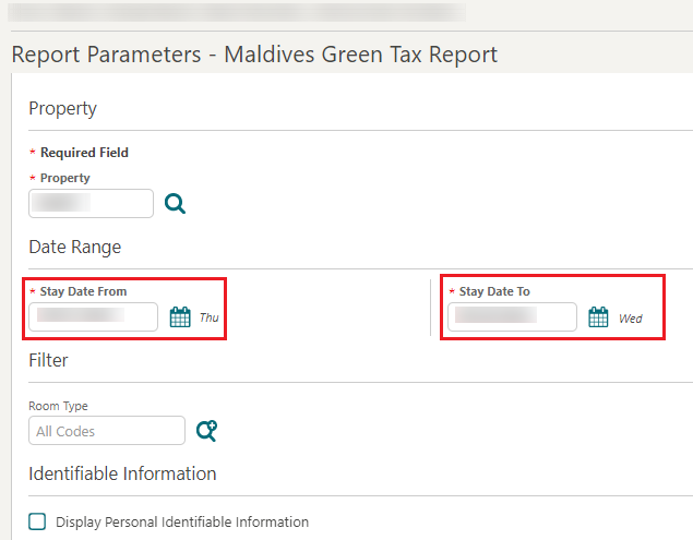This image shows the Report Parameters for the Maldives Green Tax Report. This image shows the Report Parameters for the Maldives Green Tax Report.