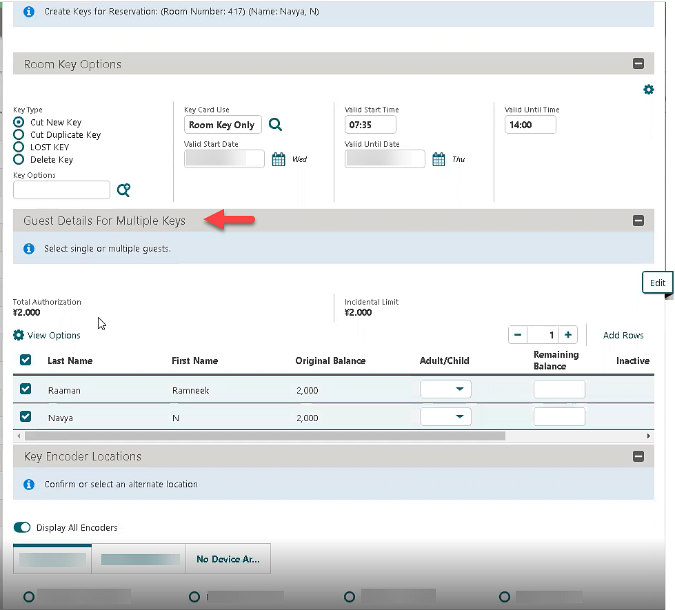 This image shows the Create Keys for Reservations screen. This image shows the Create Keys for Reservations screen.