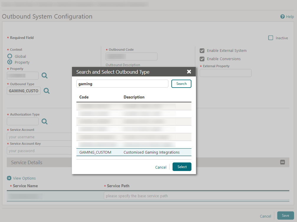 This image shows the Search and Select Outbound Type dialog. This image shows the Search and Select Outbound Type dialog.