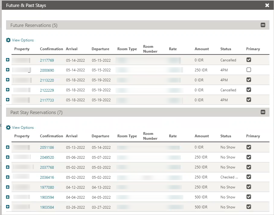 Image shows the Future and Past Stays screen. Image shows the Future and Past Stays screen.