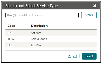 Image is the Search and Select Service Type dialog. Image is the Search and Select Service Type dialog.