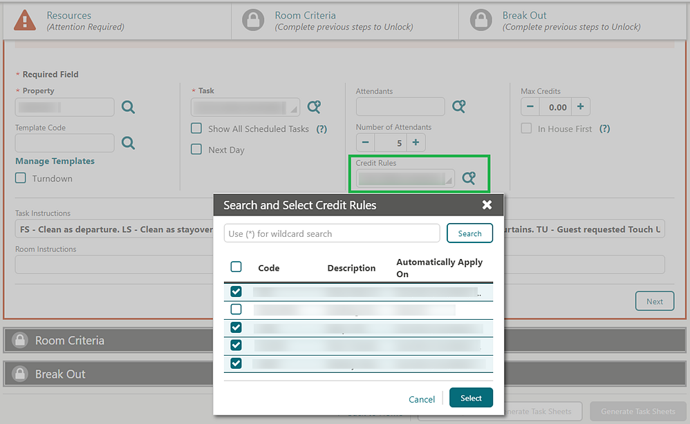 Search and Select Credit Rules.