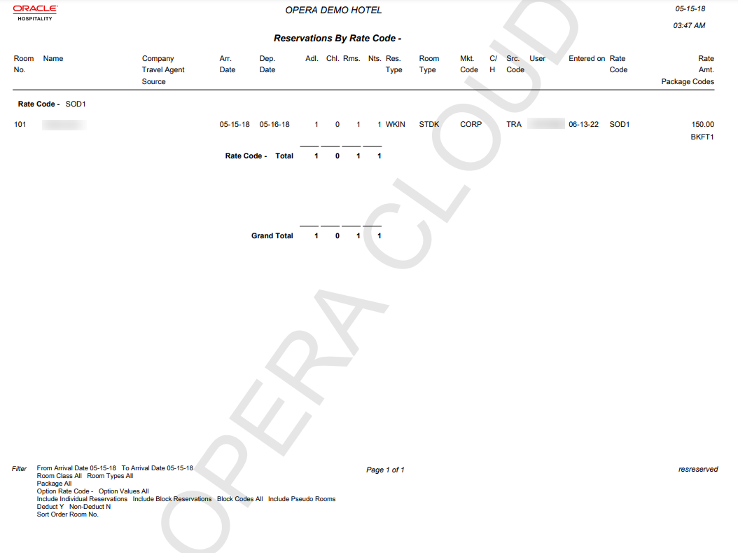 This report image shows a reservation by the rate code SOD1. This report image shows a reservation by the rate code SOD1.