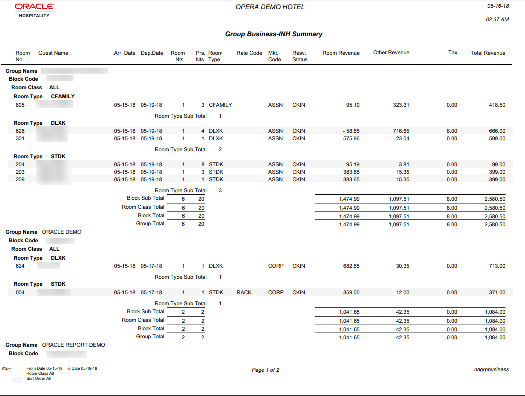 The report page 1 image shows the following columns: Room No. Guest Name, Arr. Date, Dep. Date, Room Nts., Prs Nts., Room Type, Rate Code, Mkt. Code, Resv. Status, Room Revenue, Other Revenue, Tax, and Total Revenue. The report page 1 image shows the following columns: Room No. Guest Name, Arr. Date, Dep. Date, Room Nts., Prs Nts., Room Type, Rate Code, Mkt. Code, Resv. Status, Room Revenue, Other Revenue, Tax, and Total Revenue.
