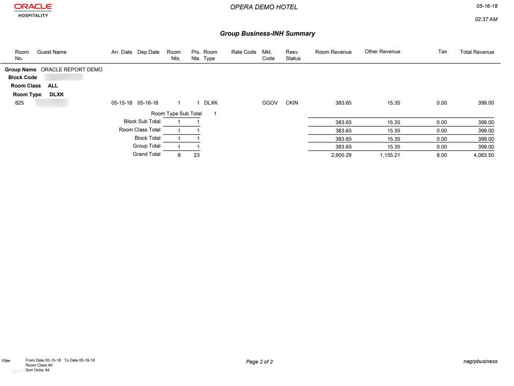 The report page 2 image shows the following columns: Room No. Guest Name, Arr. Date, Dep. Date, Room Nts., Prs Nts., Room Type, Rate Code, Mkt. Code, Resv. Status, Room Revenue, Other Revenue, Tax, and Total Revenue. The report page 2 image shows the following columns: Room No. Guest Name, Arr. Date, Dep. Date, Room Nts., Prs Nts., Room Type, Rate Code, Mkt. Code, Resv. Status, Room Revenue, Other Revenue, Tax, and Total Revenue.