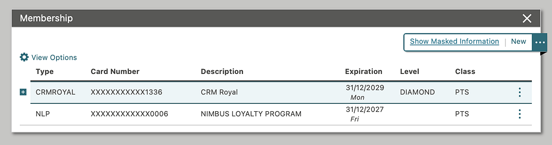 Membership screen with masked card numbers Membership screen with masked card numbers